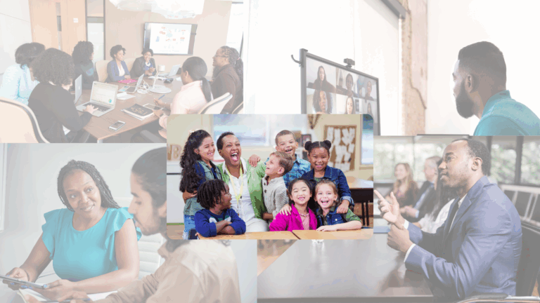 Diverse groups engaging in lively virtual and in-person meetings.
